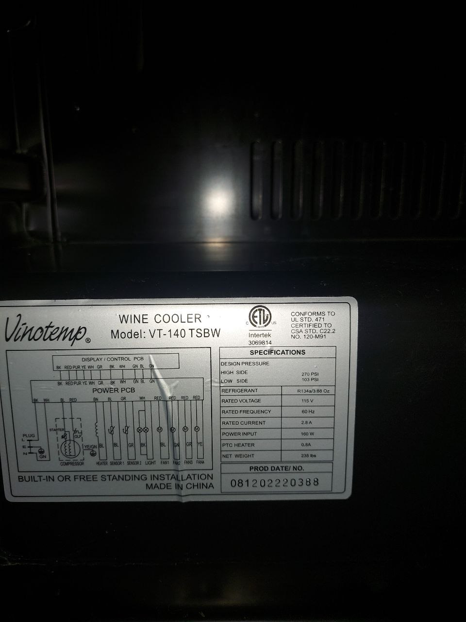 Wine Cooler Vinotemp Repair El Cajon San Diego County, CA, US