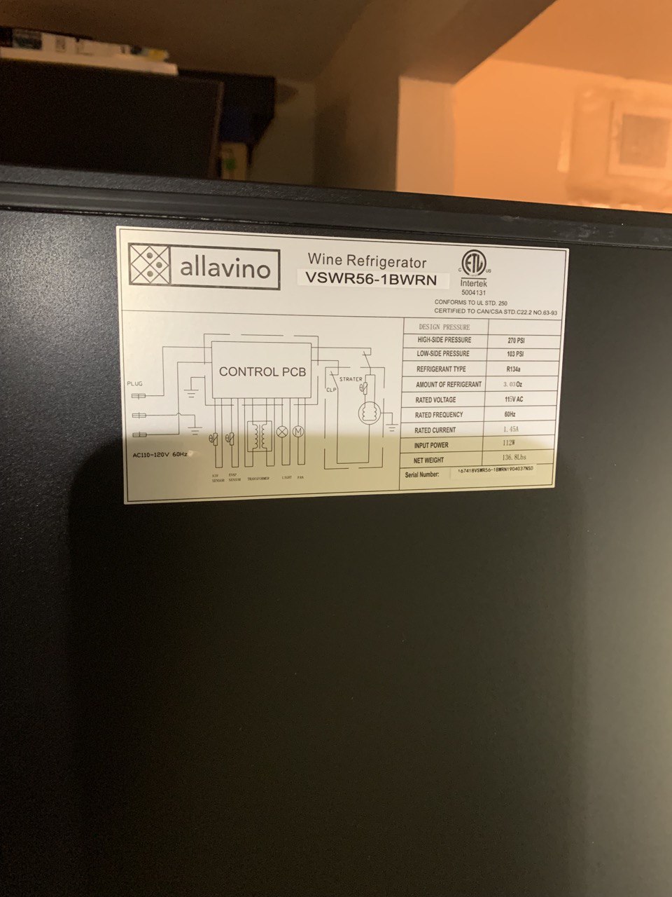 Wine Cooler Allavino Repair La Mesa San Diego County, CA, US