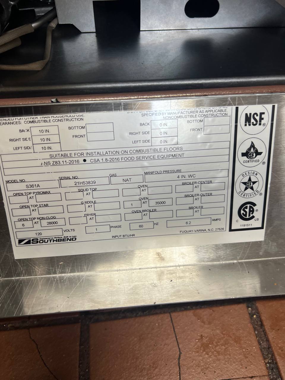 Commercial Stove Southbend installation True